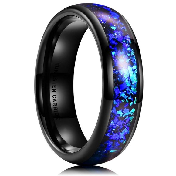 Women's Tungsten Wedding Bands (6mm). Black Band with Bright Blue Inlay Design. - Picture 1 of 3
